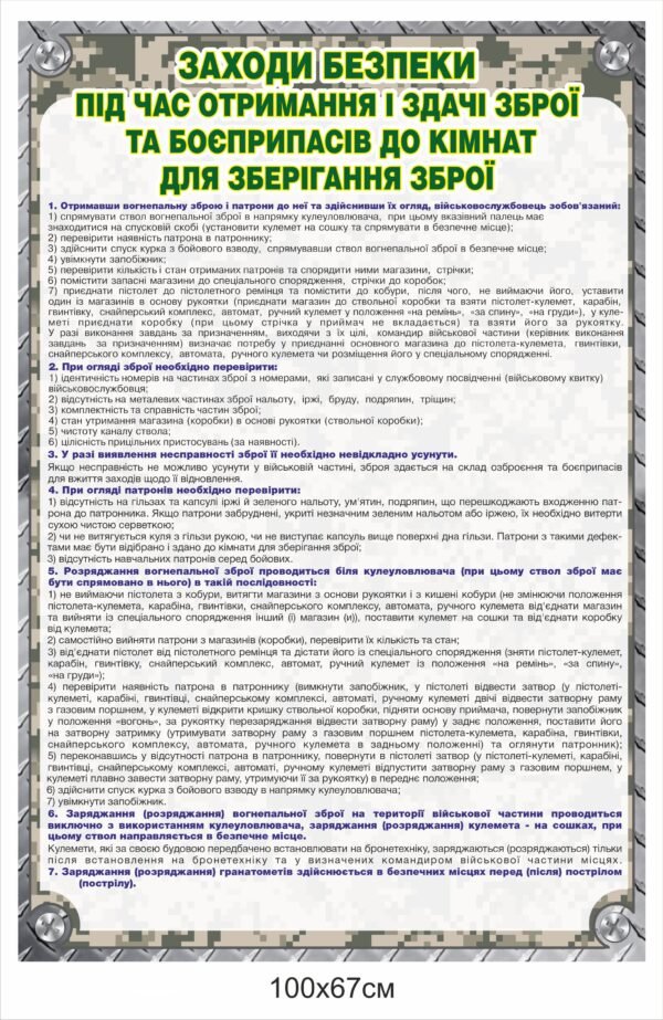 Військовий стенд “Заходи безпеки під час отримання і здачі зброї”